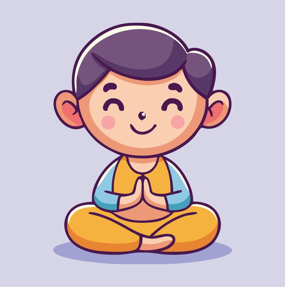 Cartoon Boy Meditating In Lotus Position For Relaxation And Mindfulness Training vector