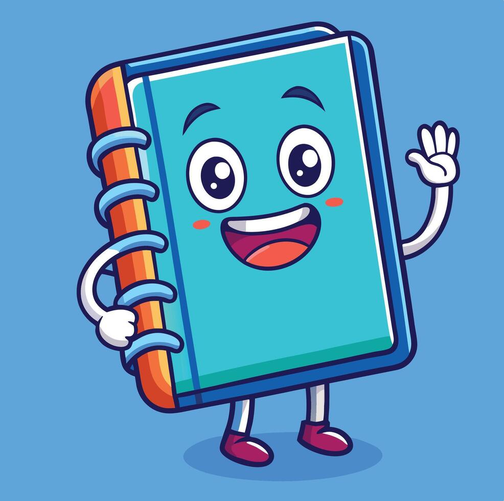 Cheerful Blue Notebook Cartoon Character Waving Hello Animation Style Illustration vector
