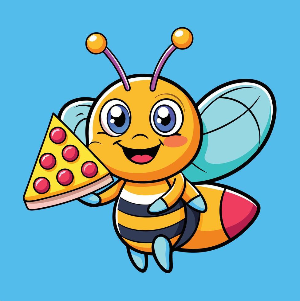 Cartoon Bee Holding Pizza Slice Illustration With Blue Background vector