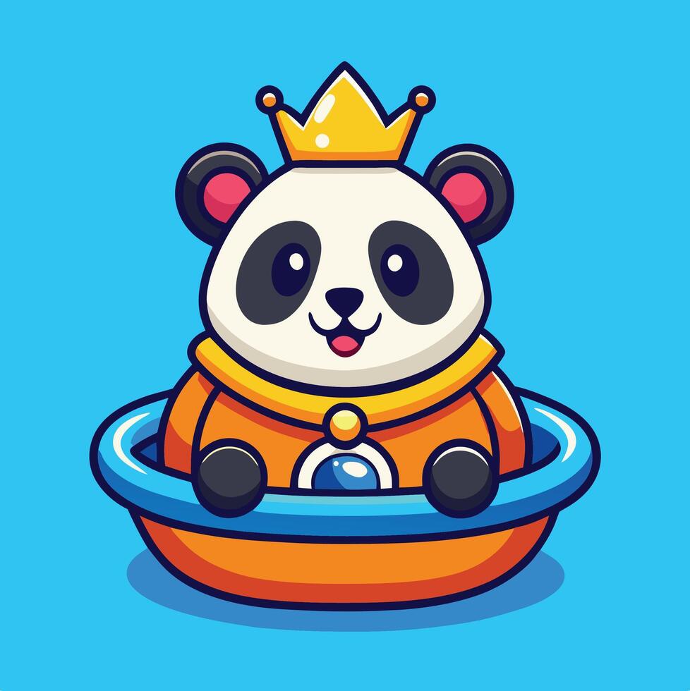 Cute Cartoon Panda King Sitting In A Vessel On A Blue Background Illustration vector