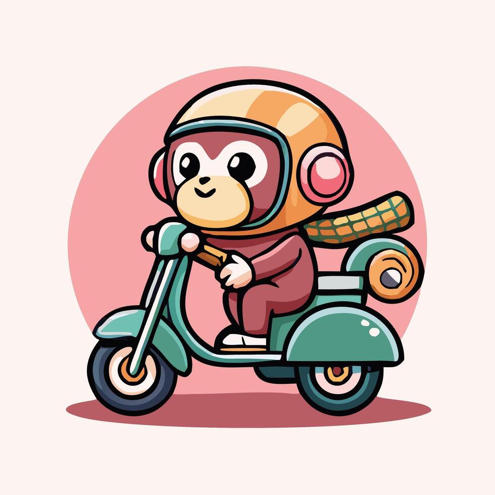 Cute Monkey Riding Scooter Illustration Cartoon Style Design Isolated vector