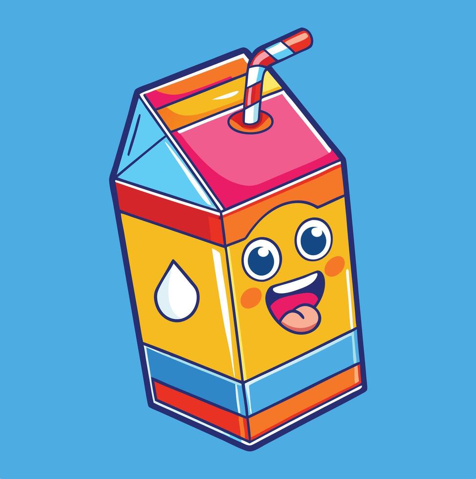 Cartoon Milk Carton With Straw And Smiling Face On A Blue Background vector