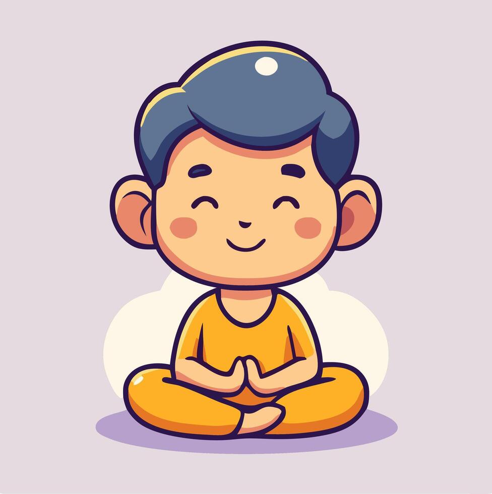 Cartoon Boy Meditating In Lotus Position For Inner Peace And Mindfulness vector