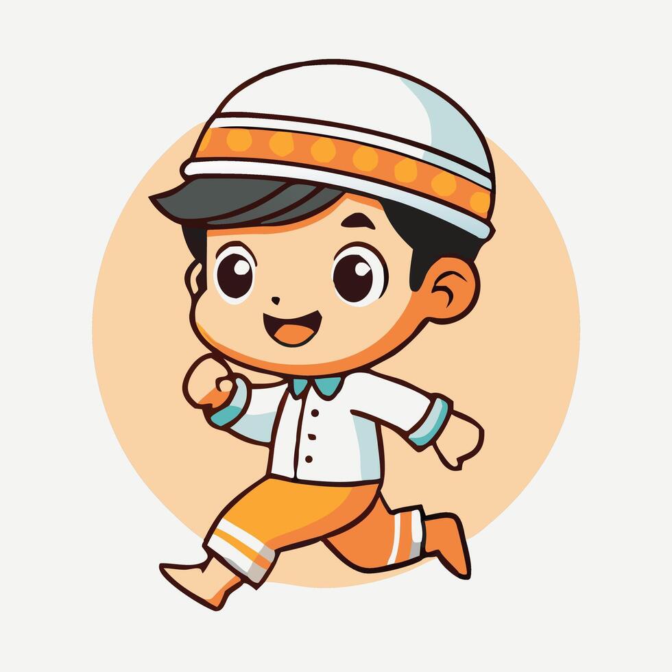 Happy Muslim Boy Cartoon Character Running Celebrating Eid Al Fitr Illustration vector