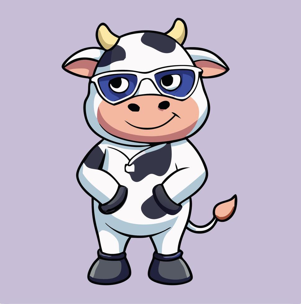 Cartoon Cow With Sunglasses Illustration Standalone Mascot Design On Light Purple Background vector