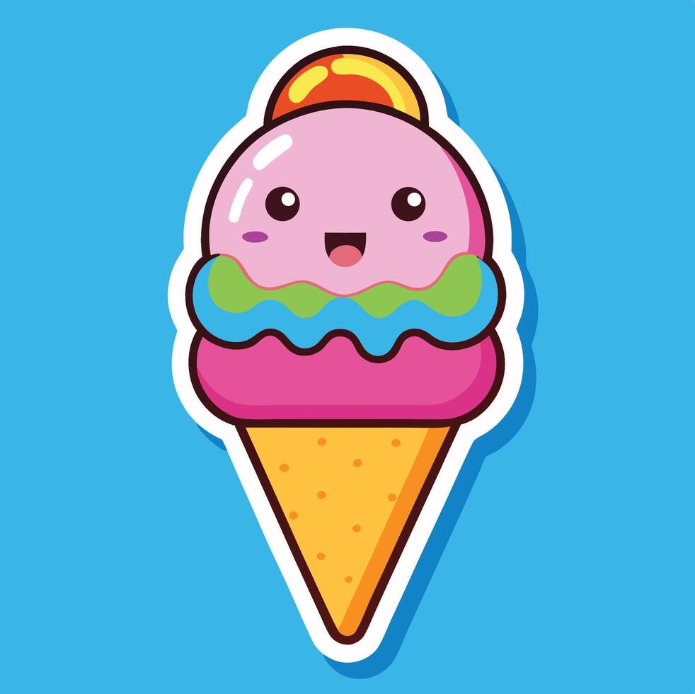 Cute Ice Cream Cone With Smiling Face Illustration On Blue Background vector