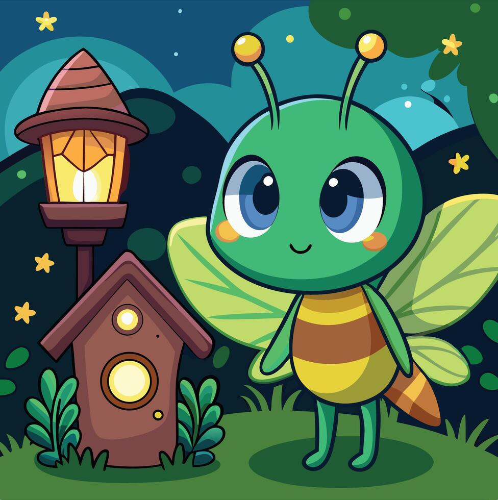 Cute Firefly Character Beside Lamp Post In Nighttime Cartoon Landscape vector