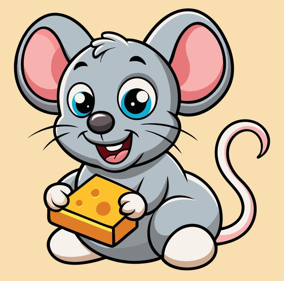 Cute Cartoon Mouse Holding Cheese Illustration In Format vector