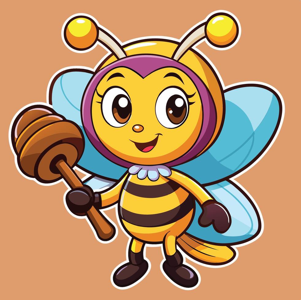 Happy Bee Cartoon Character Holding Honey Dipper On A Light Brown Background vector
