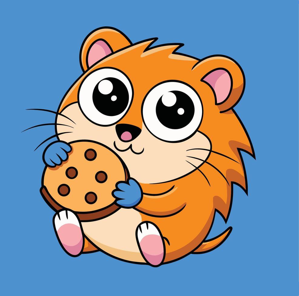 Cartoon Hamster Enjoying Cookie Sweet Delight Isolated On Blue Background vector