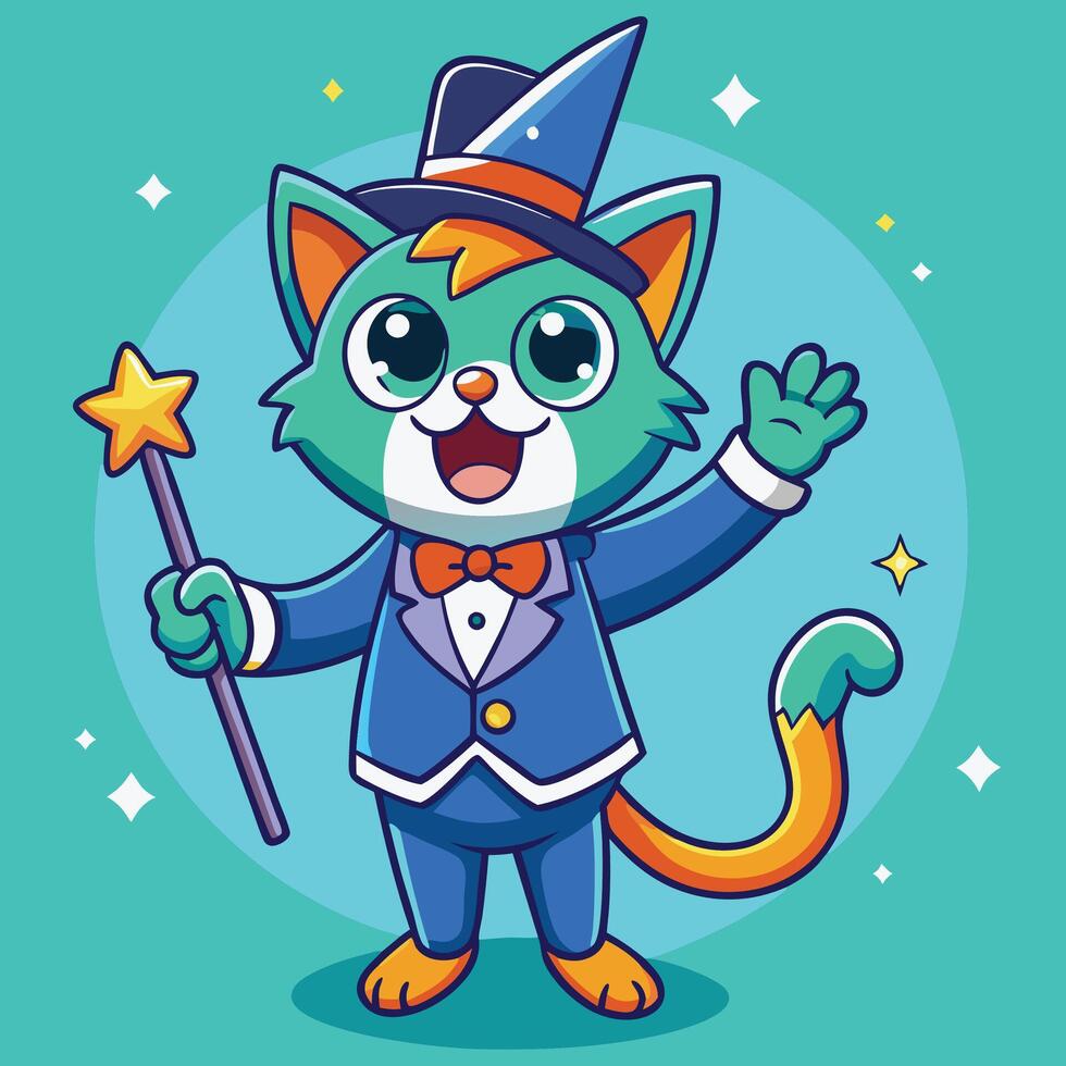 Cartoon Cat Wizard Mascot Illustration With Magic Wand And Tuxedo Outfit vector