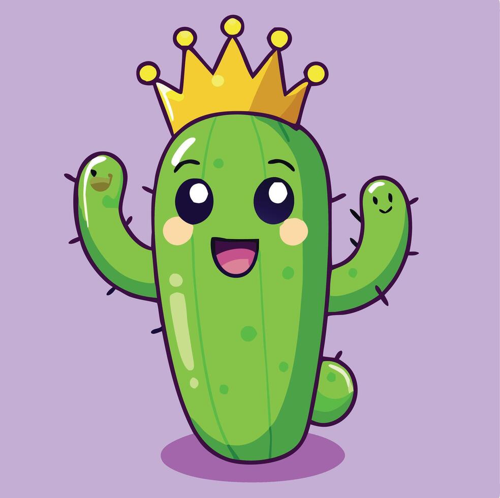 Cute Cartoon Cactus Character Wearing Golden Crown On A Purple Background vector