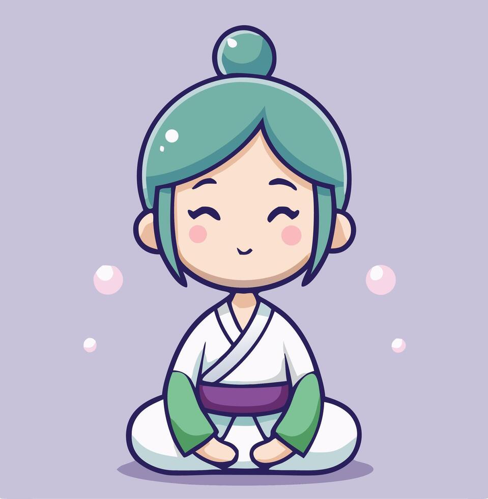 Cute Cartoon Girl In Meditation Pose With Bubbles Illustration vector