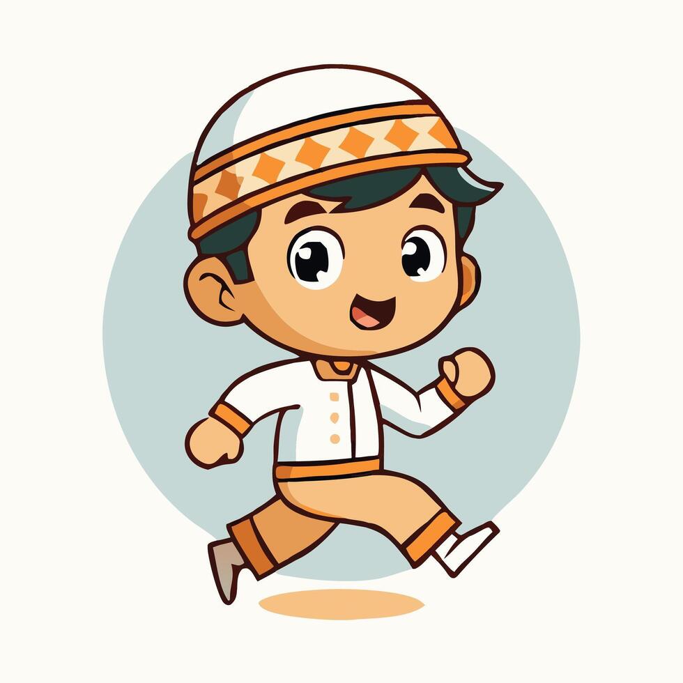 Cartoon Muslim Boy Running Eid Celebration Islamic Culture Illustration vector
