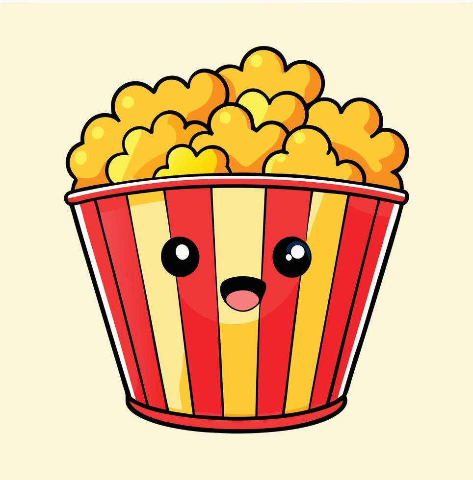 Cute Cartoon Popcorn Bucket With Smiling Face In Red And Yellow Stripes vector