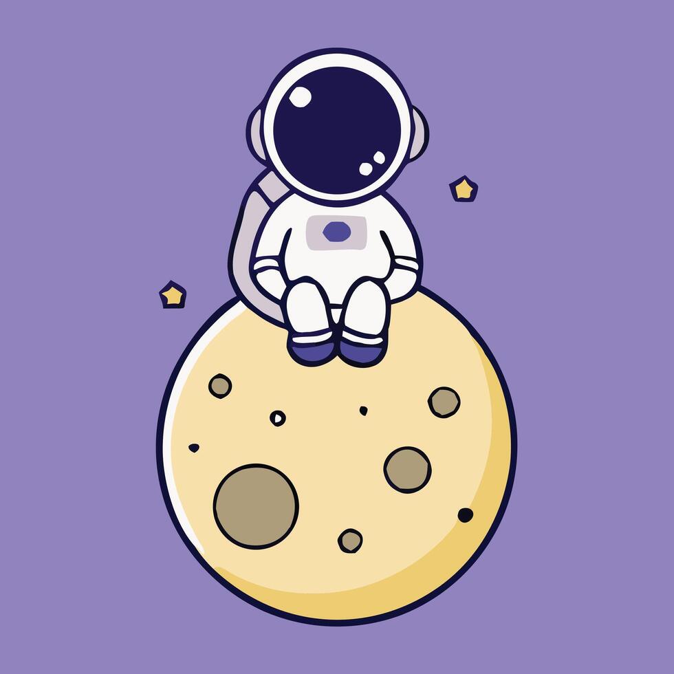 Cartoon Astronaut Sitting On The Moon With Stars On Purple Background vector