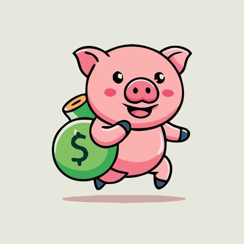 Cartoon Pig Running With A Sack Of Money Illustration Design vector