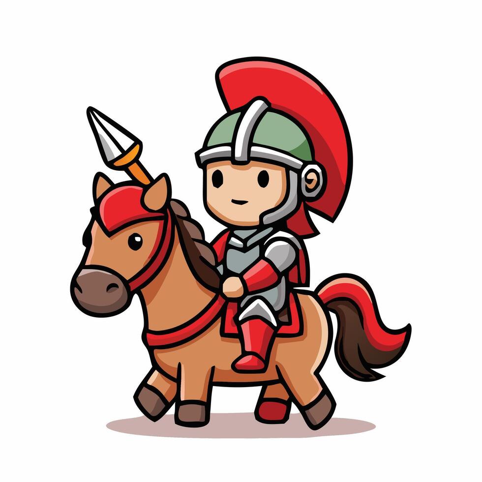 Cartoon Roman Soldier Riding Horse Holding Spear Cute Warrior Illustration vector