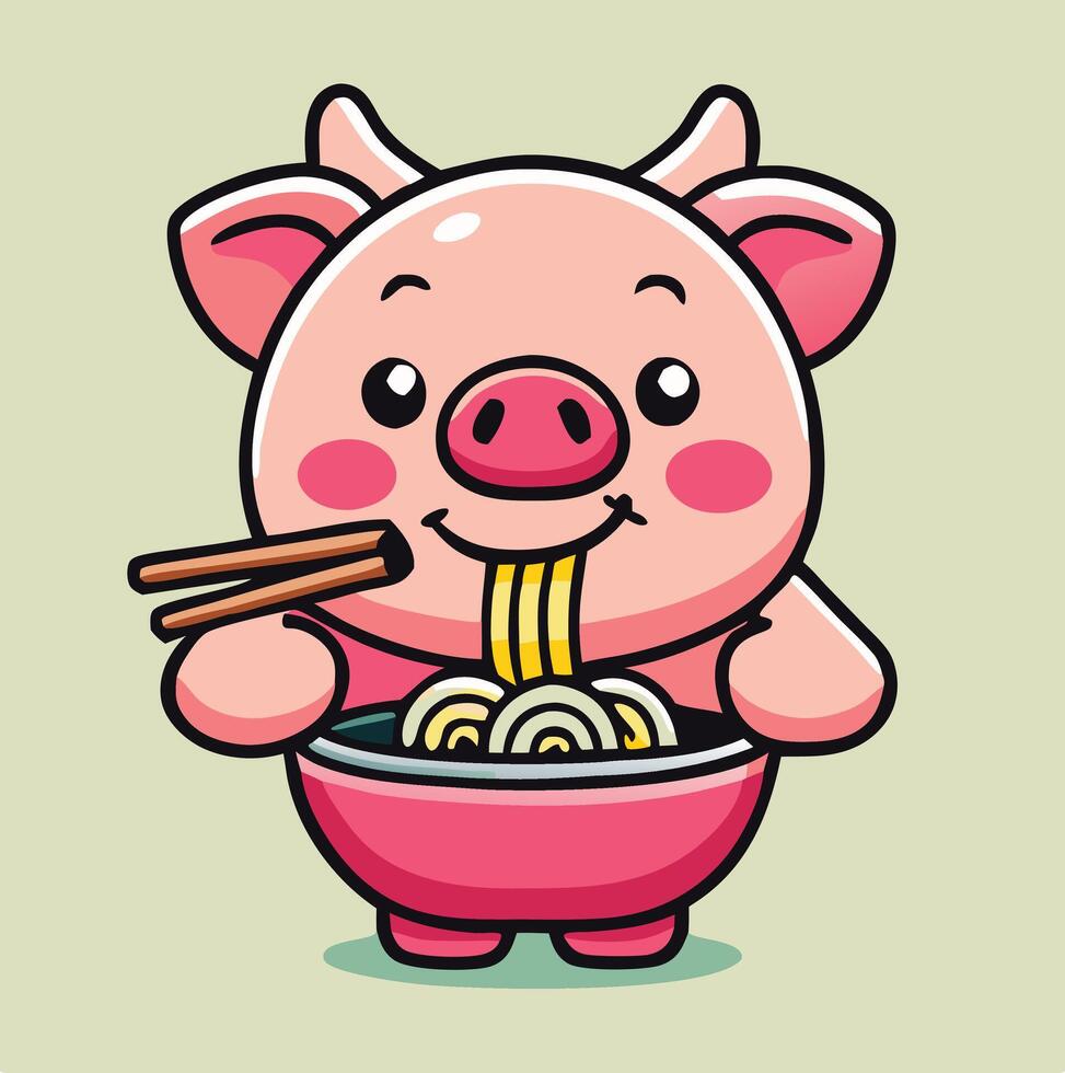 Cute Pig Cartoon Character Eating Ramen Noodles With Chopsticks vector