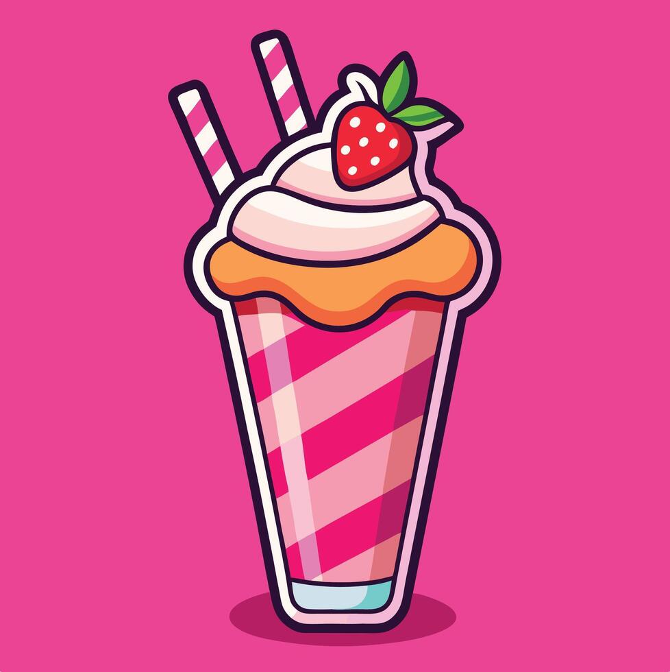 Stylized Strawberry Milkshake Illustration On A Pink Background With Two Straws vector