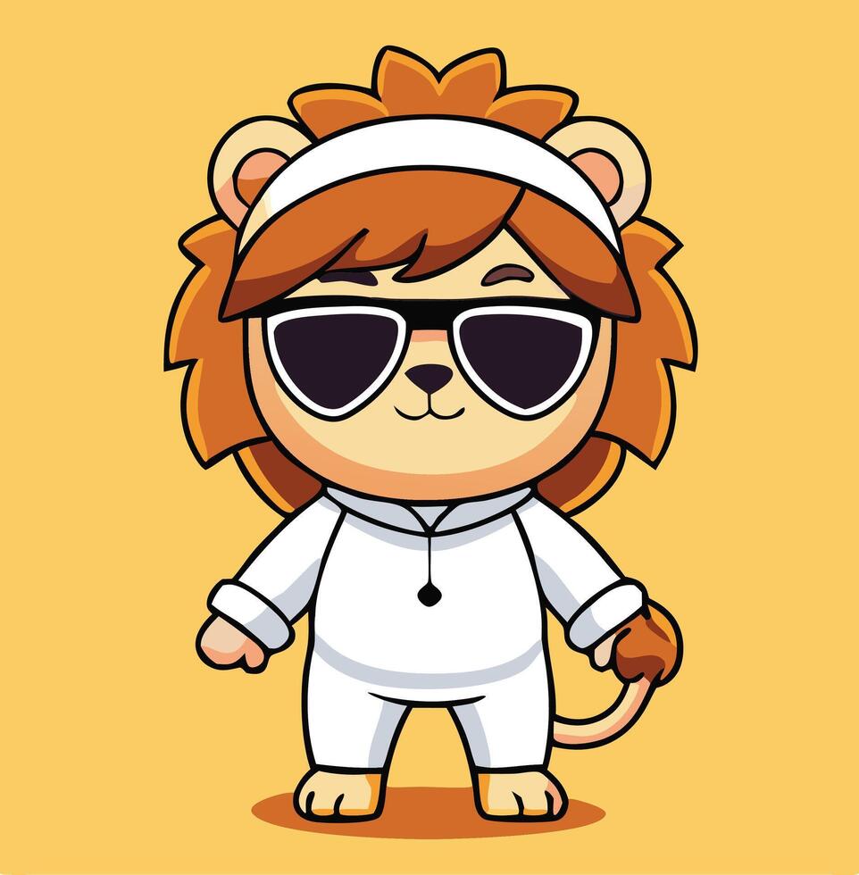 Cool Lion Character Design Wearing Sunglasses And White Outfit In Cartoon Style vector