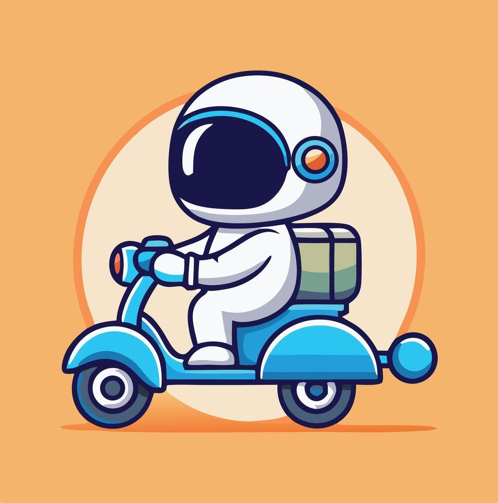 Cartoon Astronaut Delivering With Blue Scooter Against Soft Orange Background Illustration vector