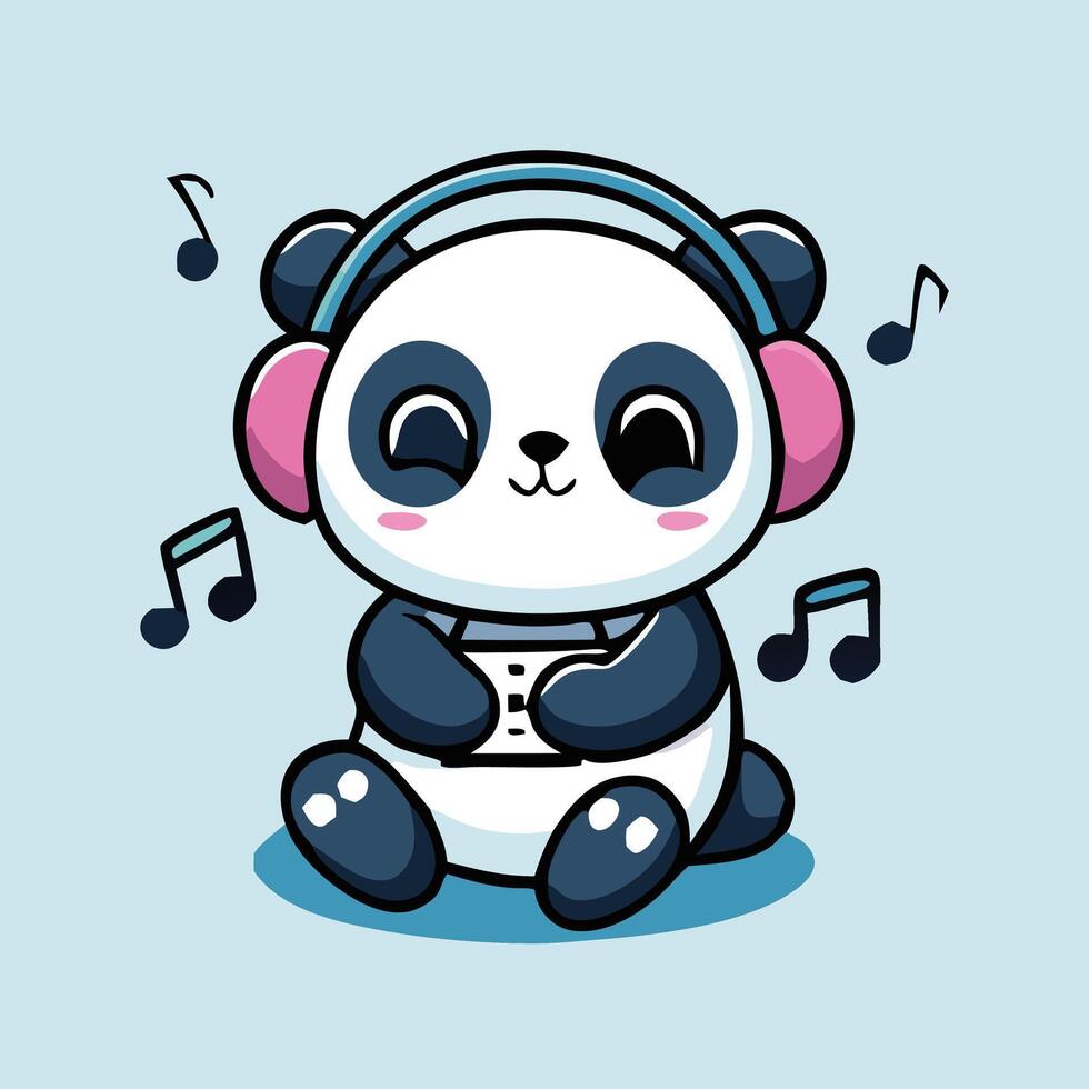 Cute Cartoon Panda Character Listening To Music With Headphones And Music Notes vector