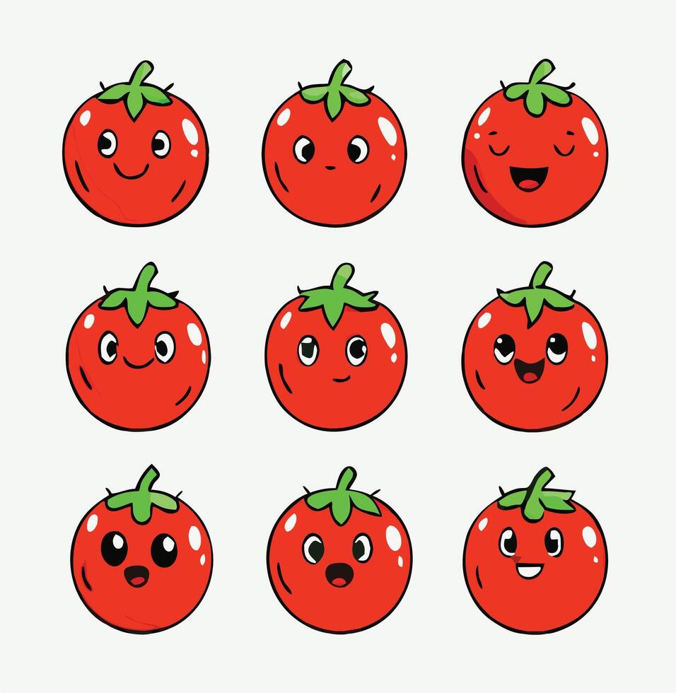 Set Of Cartoon Tomato Character Emoticons With Expressive Faces And Emotions vector