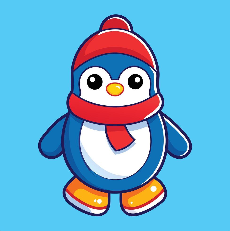 Cute Cartoon Penguin Wearing A Hat And Scarf On A Blue Background vector