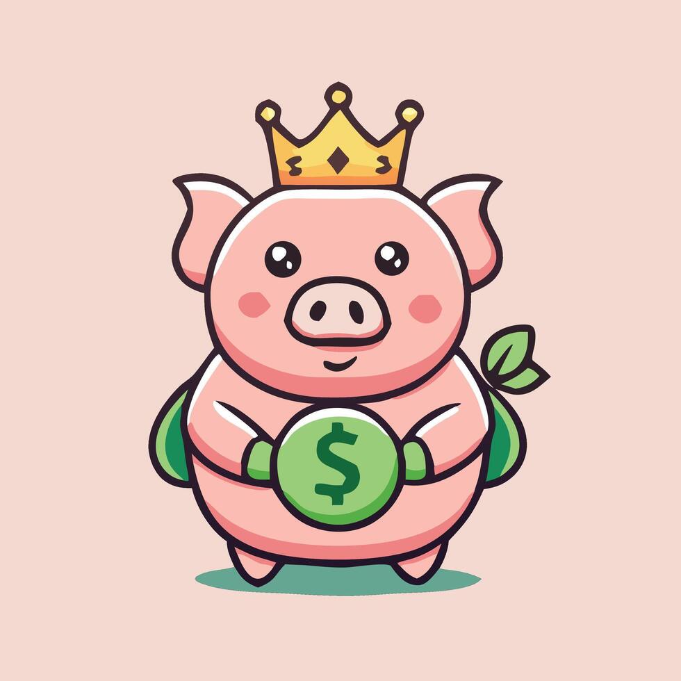 Cute Cartoon Pig Wearing A Crown Holding Money Bag Illustration vector