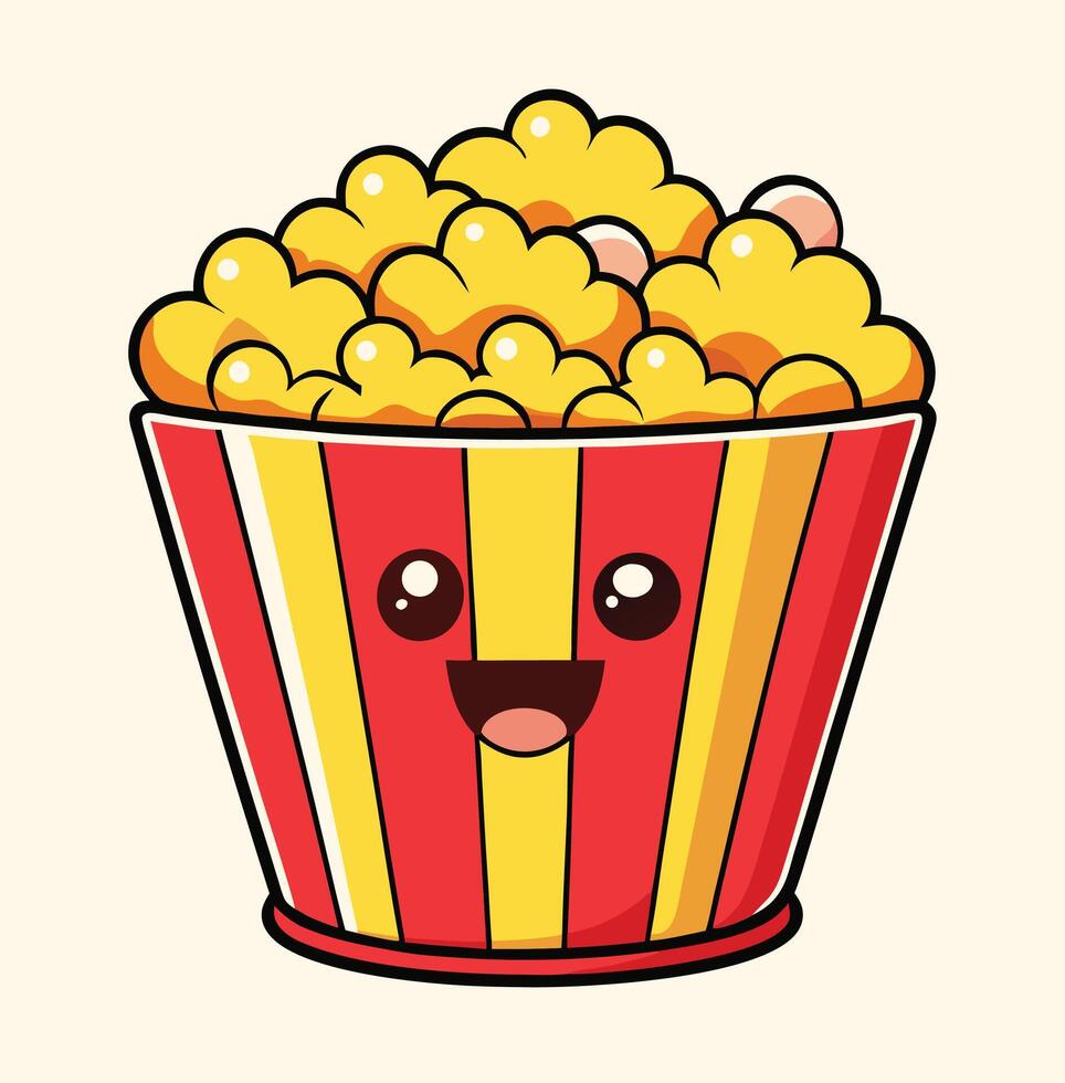 Cute Cartoon Popcorn Bucket With Smiling Face Ready To Enjoy The Movie vector