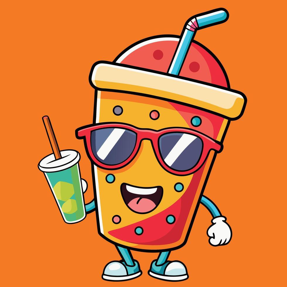 Cartoon Character Drink With Sunglasses Holds Another Beverage On Orange Background vector