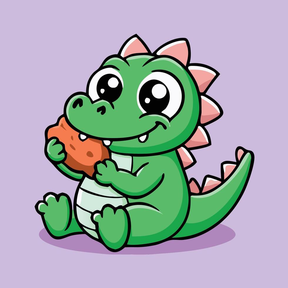 Adorable Green Dinosaur Cartoon Character Enjoying A Cookie Snack Illustration vector