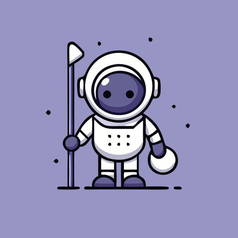 Cartoon Astronaut Illustration Holding Flag In Space Exploration With Purple Background vector