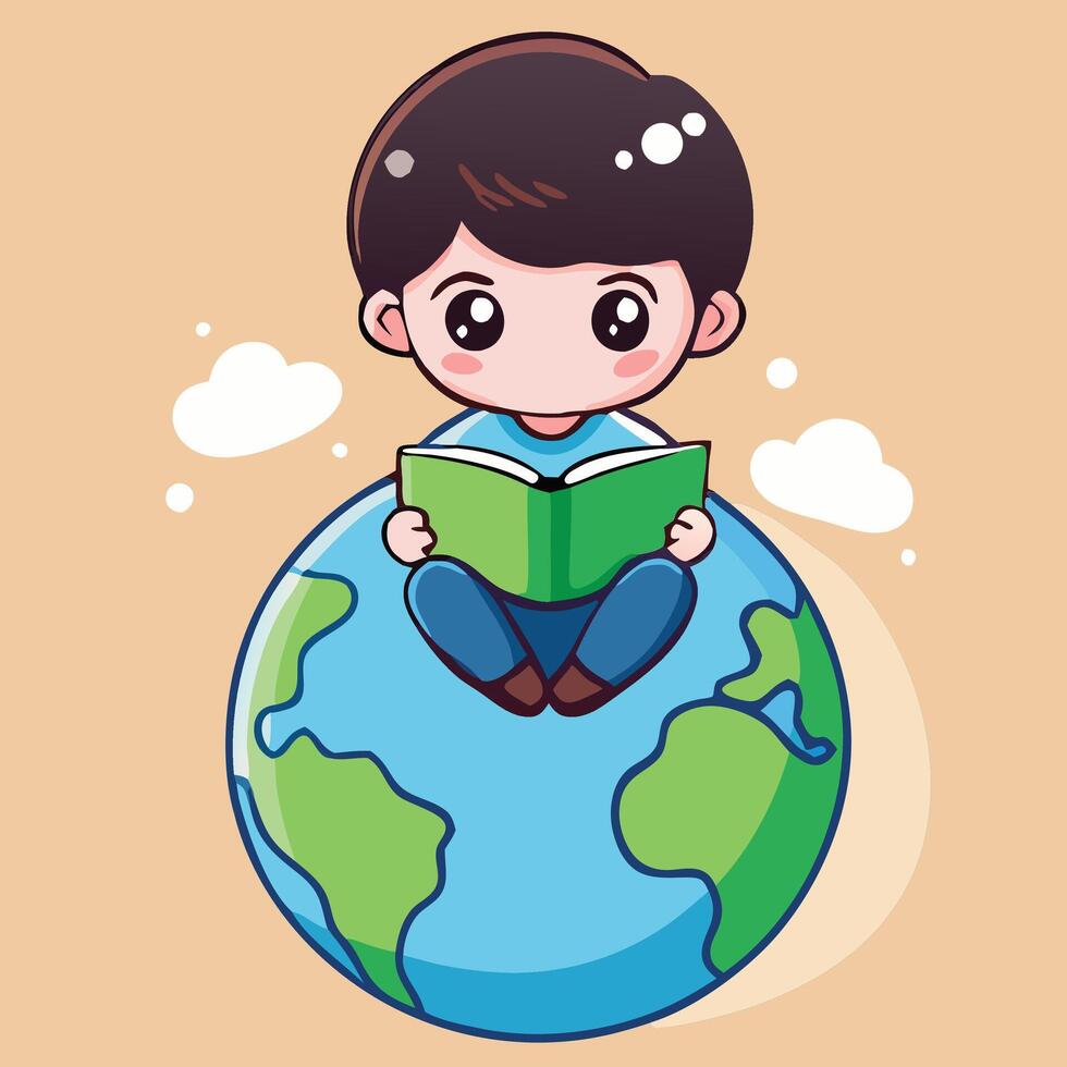 Cartoon Boy Reading Book On Globe Global Education And Environment Learning vector