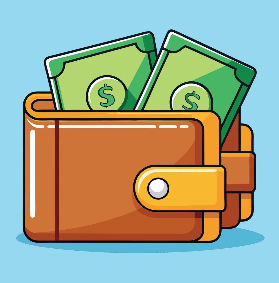 Wallet Full Of Money Cartoon Style Illustration On Blue Background vector