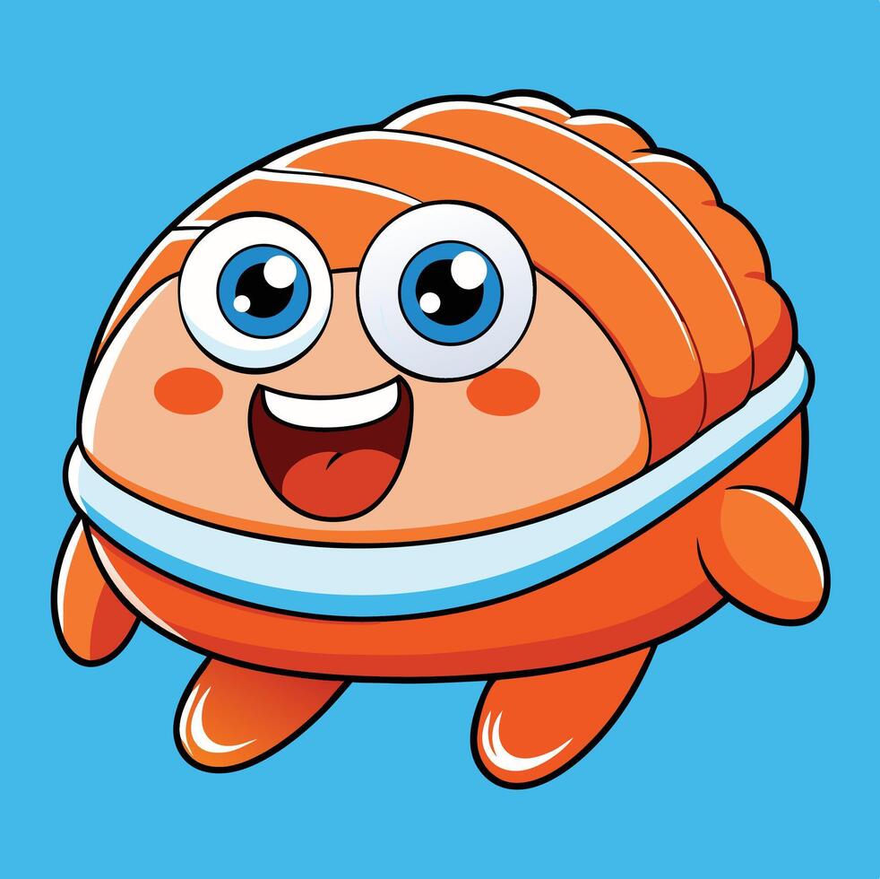 Cute Sushi Roll Cartoon Character Smiling On A Blue Background Illustration vector