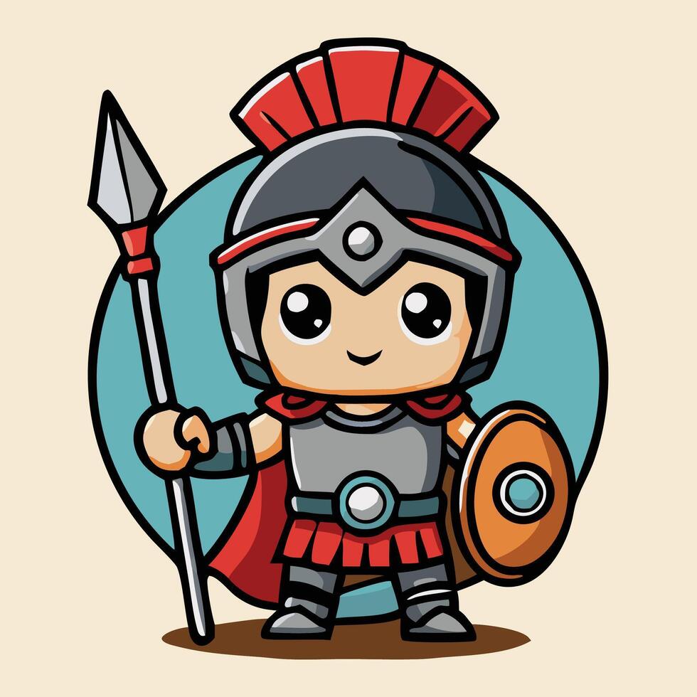 Cute Cartoon Spartan Warrior With Spear And Shield Illustration Design vector