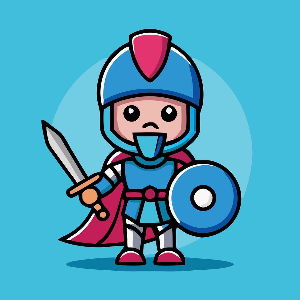 Cute Cartoon Knight Illustration With Sword And Shield On Blue Background vector