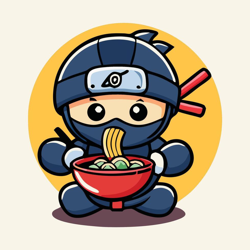 Cute Ninja Cartoon Character Enjoying Ramen Bowl With Chopsticks Illustration vector