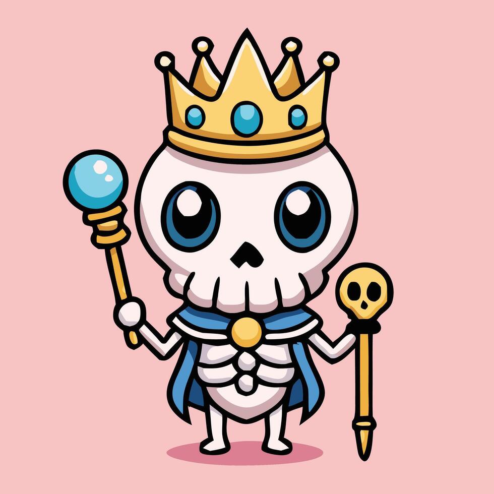 Cute Cartoon Skeleton King With Crown Holding Scepters On Pink Background vector