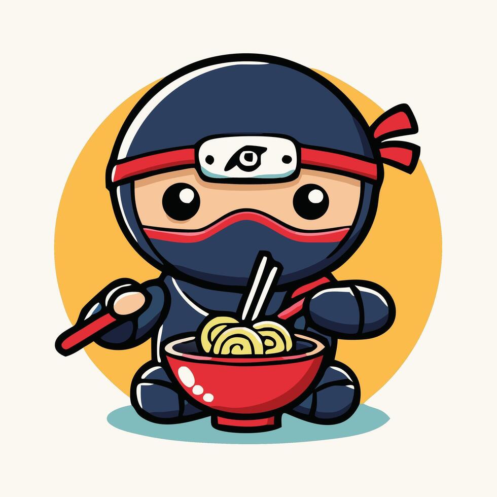 Cute Ninja Cartoon Character Enjoying A Bowl Of Noodles With Chopsticks vector