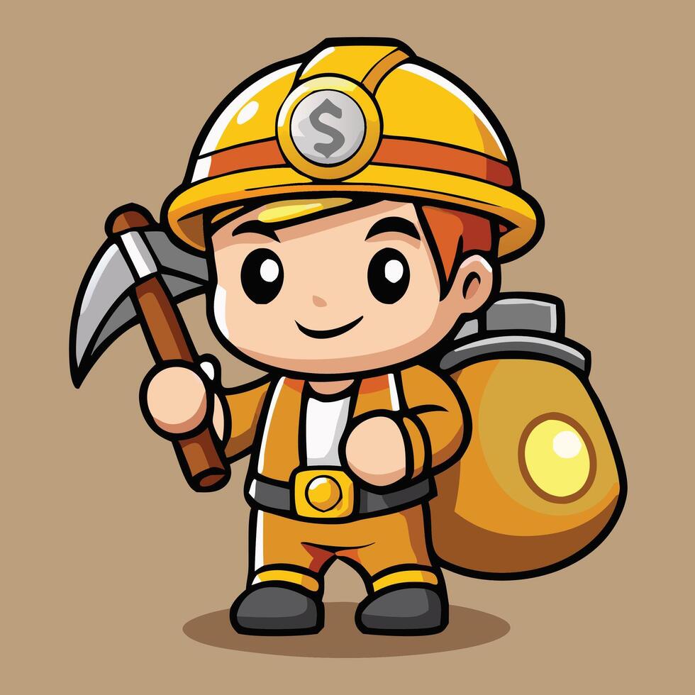Cartoon Miner With Pickaxe And Sack Of Money Illustration vector