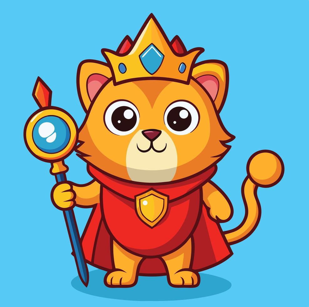Cute Cartoon Cat King With Crown Cape And Scepter On Blue Background vector