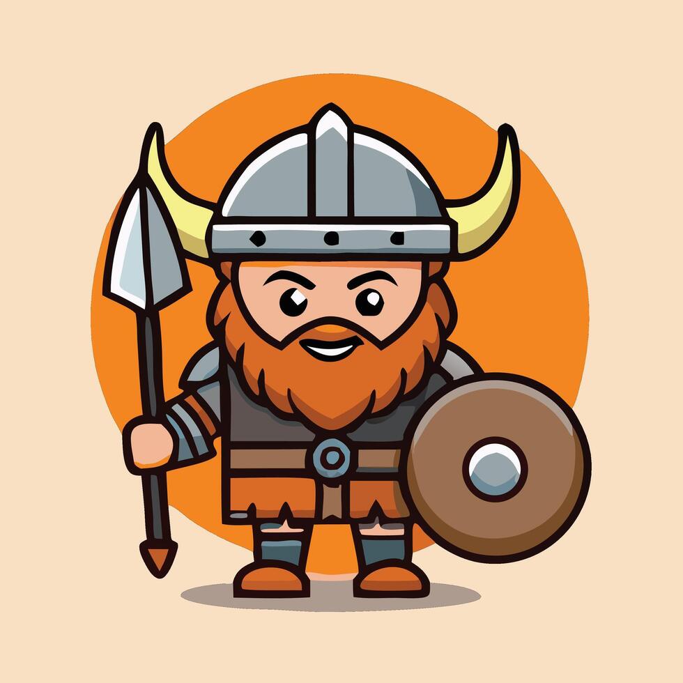 Cute Viking Warrior Cartoon Illustration With Spear And Shield Character Design vector