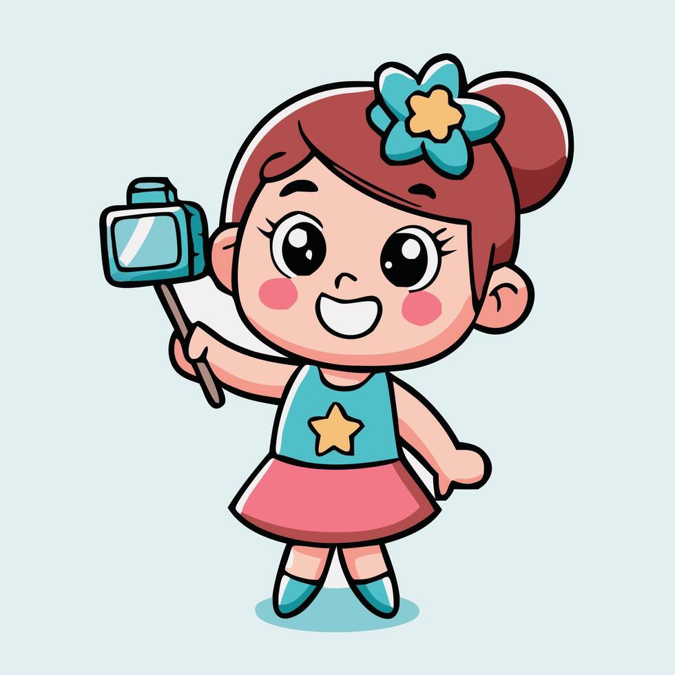 Cheerful Cartoon Girl Taking A Selfie With A Camera Illustration Design vector
