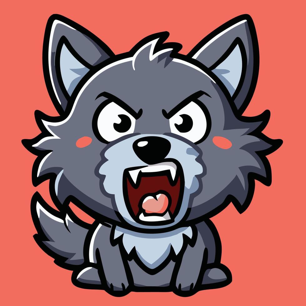 Angry Cartoon Wolf Cub Growling Illustration On A Salmon Color Background vector