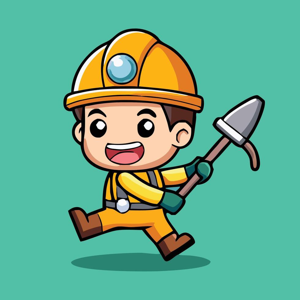 Cartoon Miner Character Mascot With Pickaxe Tool Running With Cheerful Expression vector