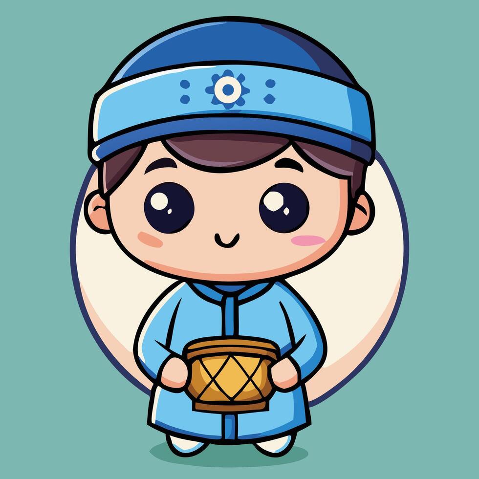 Cute Muslim Boy Holding Ramadan Drum Cartoon Character Illustration Art vector