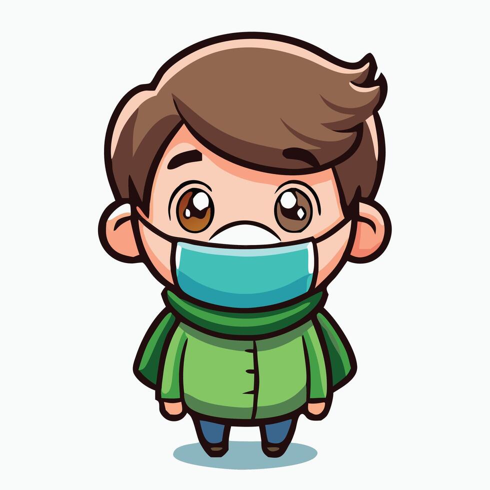 Cartoon Boy Wearing A Mask In Green Jacket Digital Illustration vector